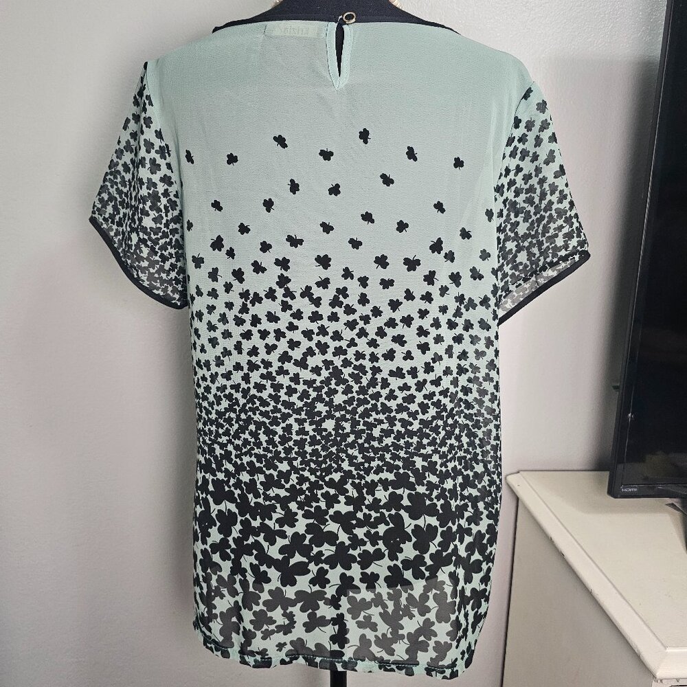 Krizia Sage Green & Black Clover Print Design Ombré Blouse - Size XL - Picture 3 of 7